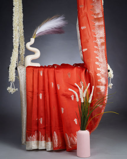 Chanderi Silk Saree With Golden Meenakari Butties & Contrast Border - Rust