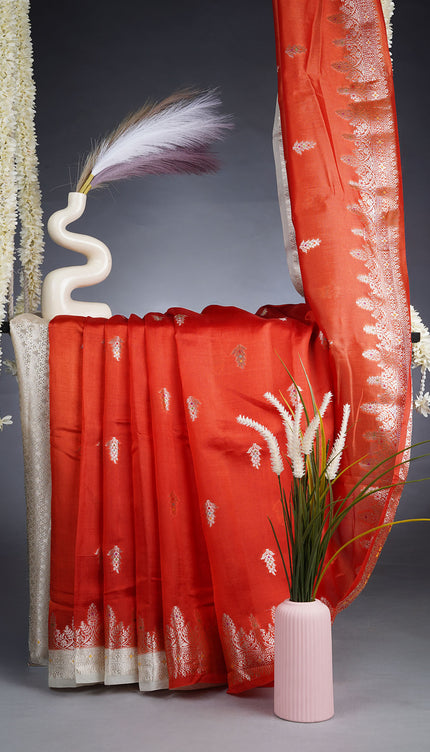 Chanderi Silk Saree With Golden Meenakari Butties & Contrast Border - Rust