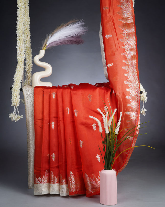 Chanderi Silk Saree With Golden Meenakari Butties & Contrast Border - Rust