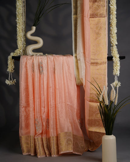 Russian Crepe with Zardozi Butties and Banaras Border- Peach