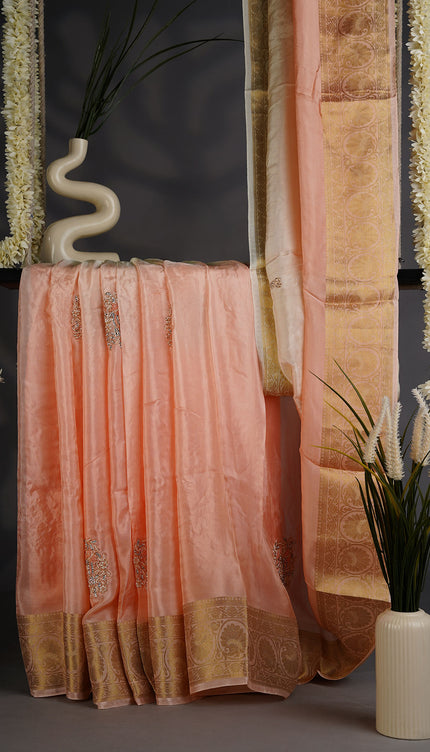 Russian Crepe with Zardozi Butties and Banaras Border- Peach