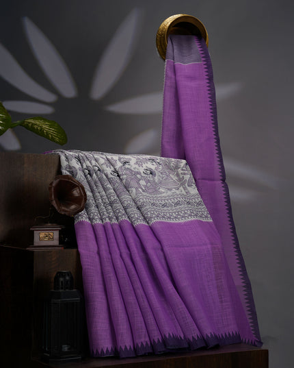 Lenin Silk Saree with Madhubani Print with Contrast Border- Violet