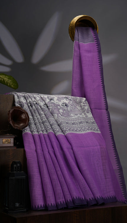 Lenin Silk Saree with Madhubani Print with Contrast Border- Violet