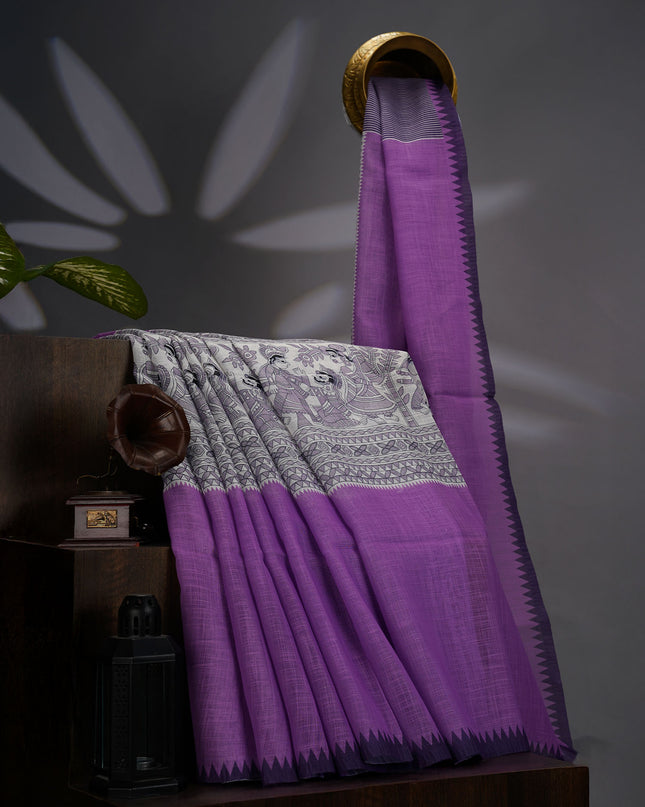 Lenin Silk Saree with Madhubani Print with Contrast Border- Violet