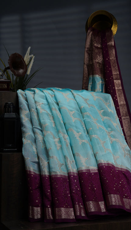 Chiniya Silk With Lehariya Weaving Contrast Gap Border - Sky Blue