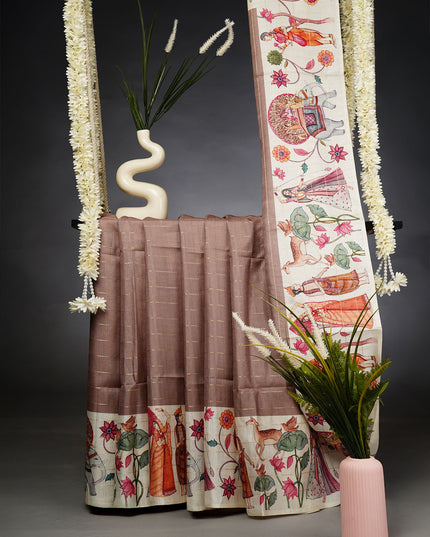 Tusser Silk Saree with Digital Print and Contrast Border- Beige