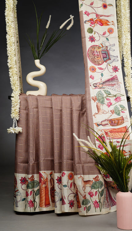 Tusser Silk Saree with Digital Print and Contrast Border- Beige