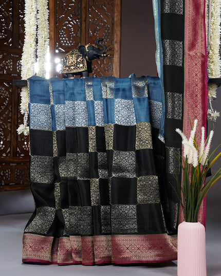 Banaras Silk Saree With checks Gold & Silver Zari Buttis and Border - Multicolour