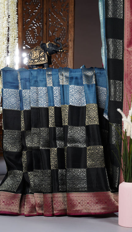 Banaras Silk Saree With checks Gold & Silver Zari Buttis and Border - Multicolour