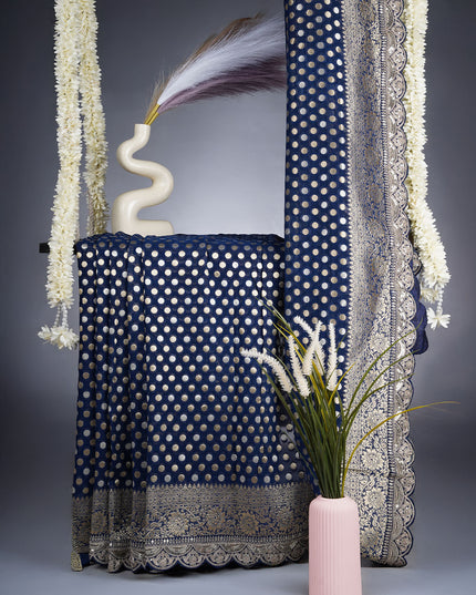 Banarasi Kaddi Georgette Saree With Gold & Silver Polka Dot With Scallop Border - Blue