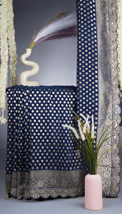 Banarasi Kaddi Georgette Saree With Gold & Silver Polka Dot With Scallop Border - Blue