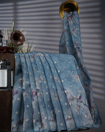 Silk Kota Saree With Gold Zari Butties And Print Border - Mint Blue