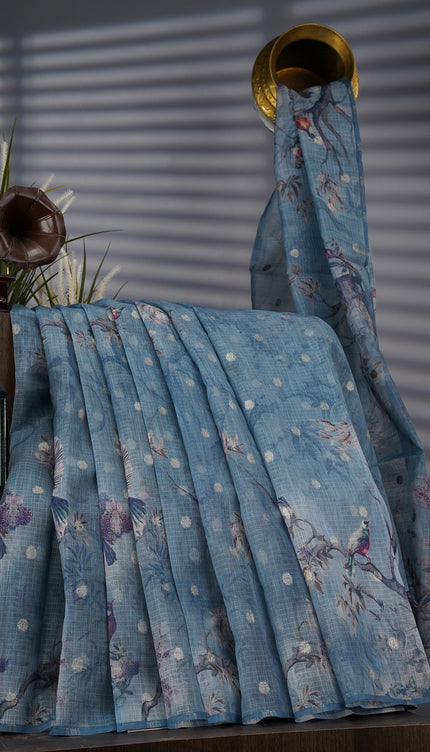 Silk Kota Saree With Gold Zari Butties And Print Border - Mint Blue