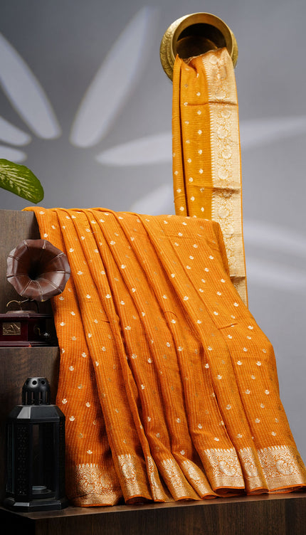 Korean Crepe Saree with Golden Butties and Border- Mustard