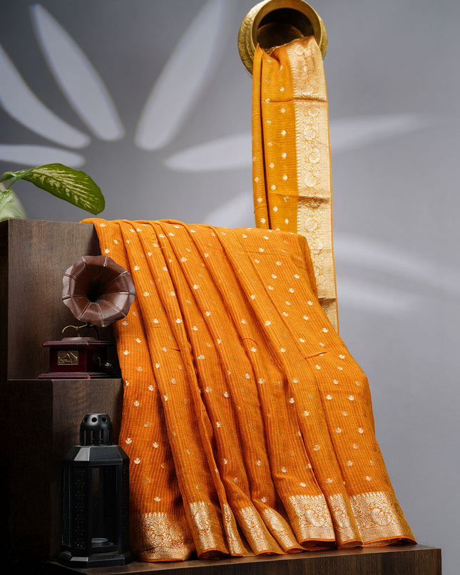 Korean Crepe Saree with Golden Butties and Border- Mustard