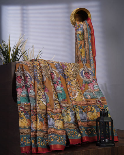 Muslin Silk with Kalamkari Print Contrast Border - Mehndi