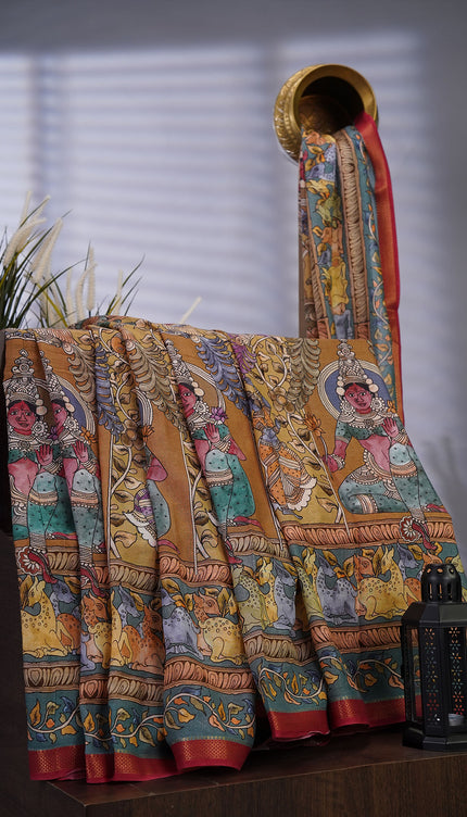 Muslin Silk with Kalamkari Print Contrast Border - Mehndi