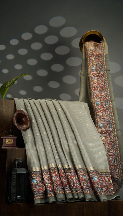 Tissue Kota Saree with Gold Butties and Contrast Floral Print Border- Sage Green