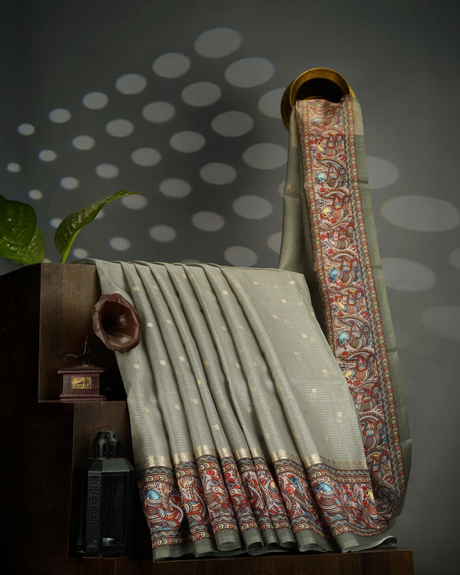 Tissue Kota Saree with Gold Butties and Contrast Floral Print Border- Sage Green