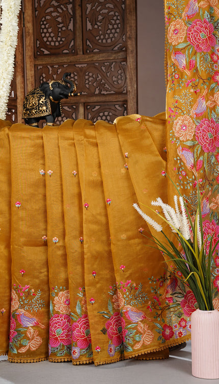 Tissue linen saree with Embroidery work and lace border - Mustered Yellow