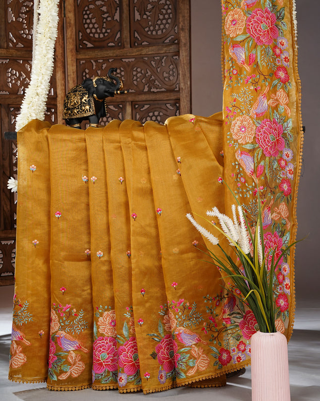 Tissue linen saree with Embroidery work and lace border - Mustered Yellow
