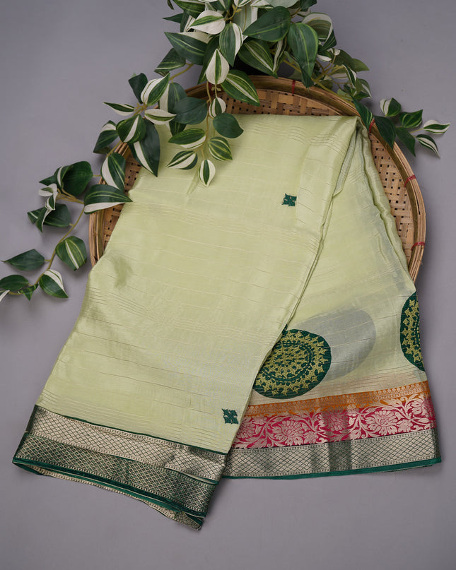Chinon Silk with Multicolored Zari border & Kutch Work Circles