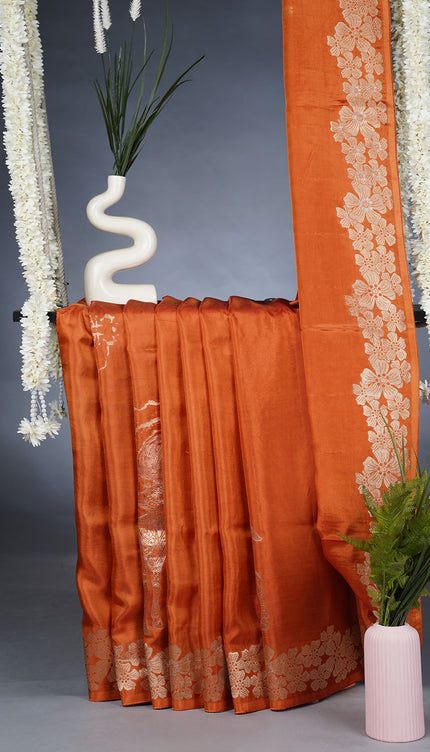Banaras Silk Saree With Gold & Silver Zari Buttis and Border - Rust
