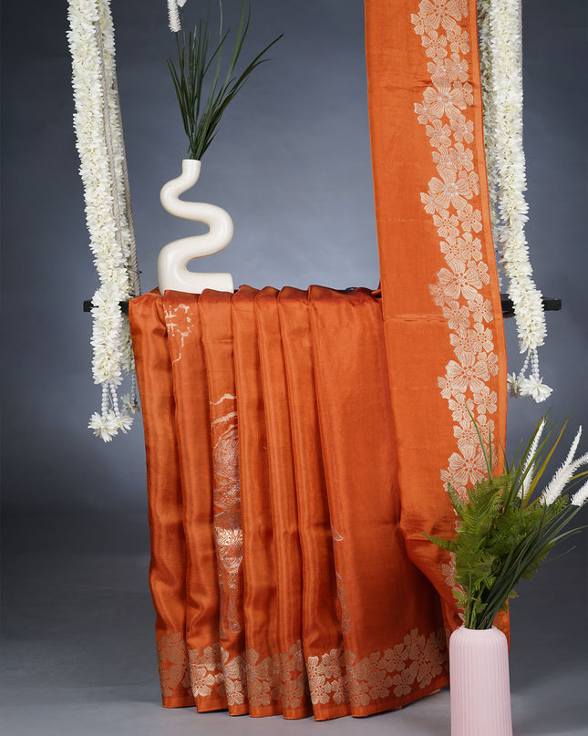 Banaras Silk Saree With Gold & Silver Zari Buttis and Border - Rust