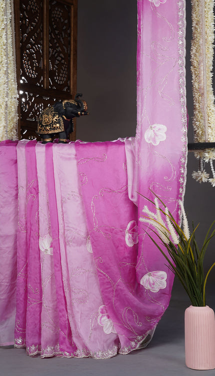 Italin crepe saree with kardhana applique work and scalp border - Pink