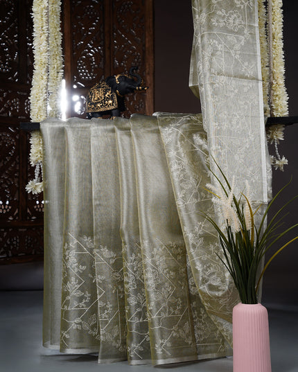 Tissue kota saree with thread work and silver border - Olive Green