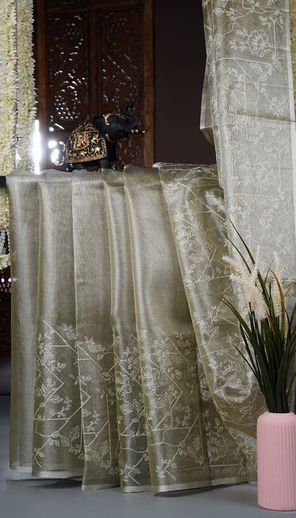 Tissue kota saree with thread work and silver border - Olive Green