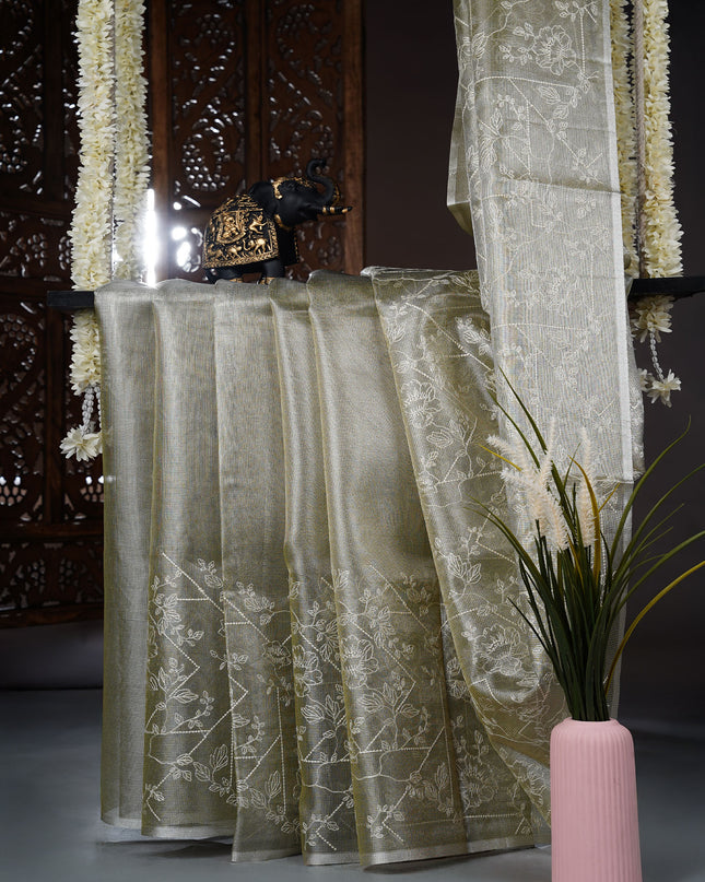 Tissue kota saree with thread work and silver border - Olive Green