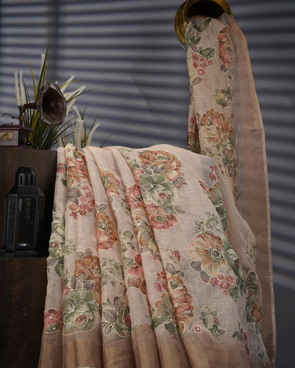 Tissue Linen Saree With Floral Print And Kantha Work And Golden Zari Border - Beige