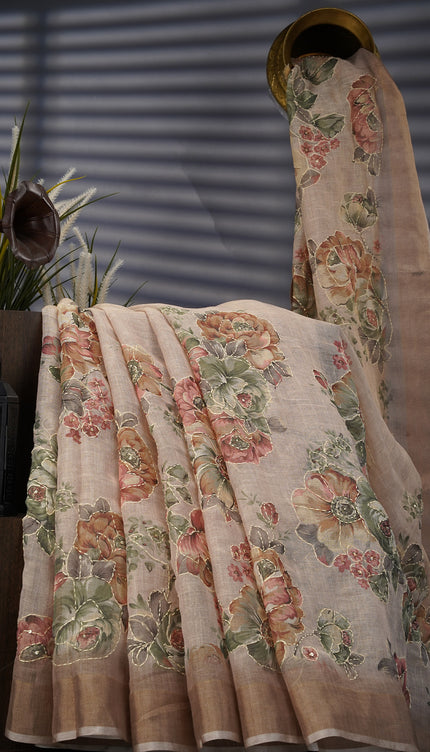 Tissue Linen Saree With Floral Print And Kantha Work And Golden Zari Border - Beige