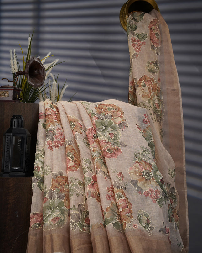 Tissue Linen Saree With Floral Print And Kantha Work And Golden Zari Border - Beige