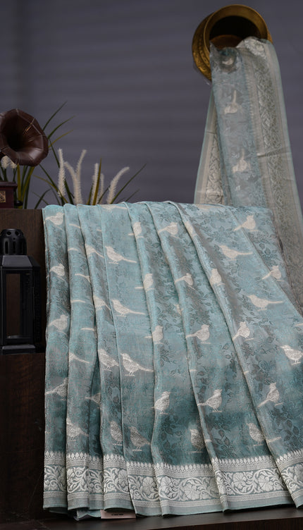 Tissue Banaras Silk Allover Self Weaving With Light Gold Zari Border - Sea Blue
