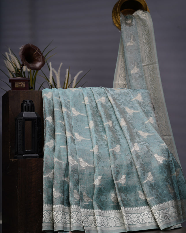 Tissue Banaras Silk Allover Self Weaving With Light Gold Zari Border - Sea Blue