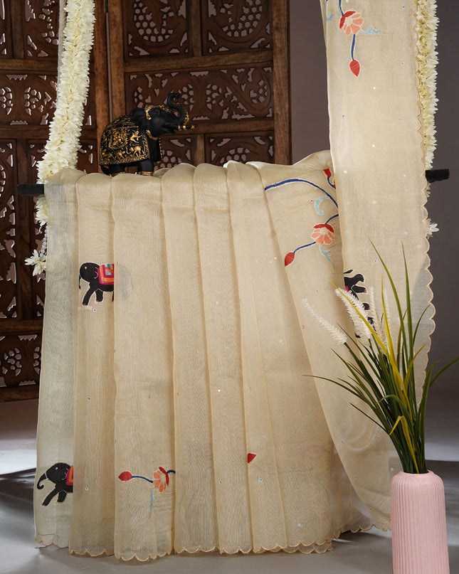 Tissue linen saree with applique work butties and mirror work and scallop border - Beige