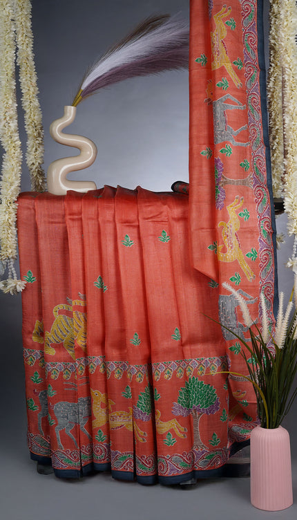Pure Silk Saree With All Over Pen Kalamkari Prints in a Borderless Style - Orange