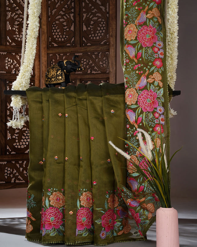 Linen saree with thread work butties and lace border - M Green