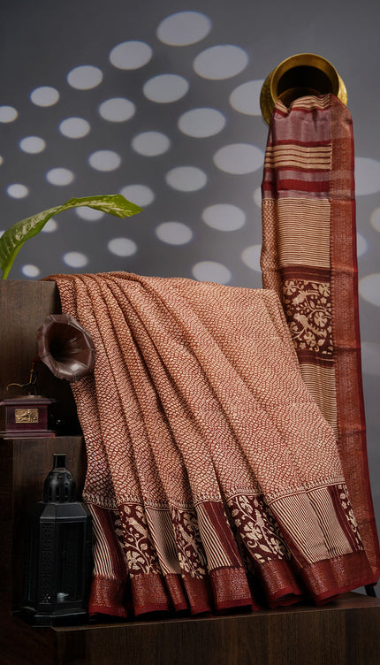 Muslin Silk Saree with Antique Zari Border- Brown
