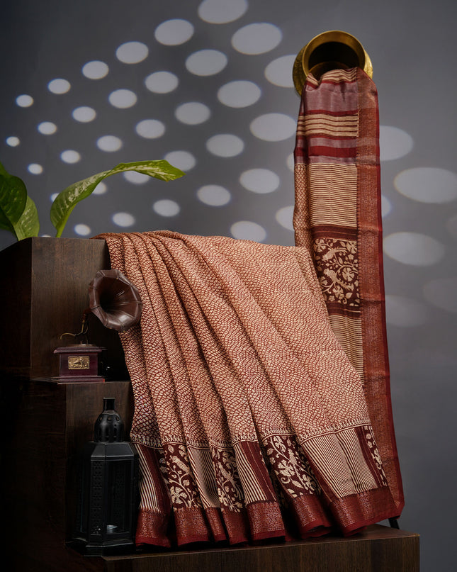 Muslin Silk Saree with Antique Zari Border- Brown