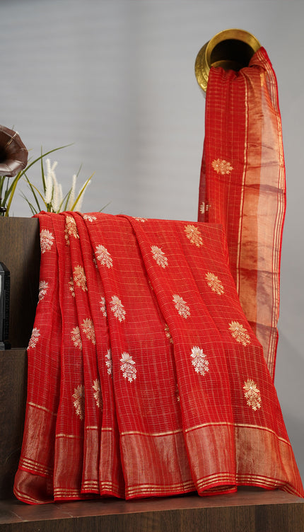 Georgette Gold & Silver Buttis With Kaddi Border  - Maroon