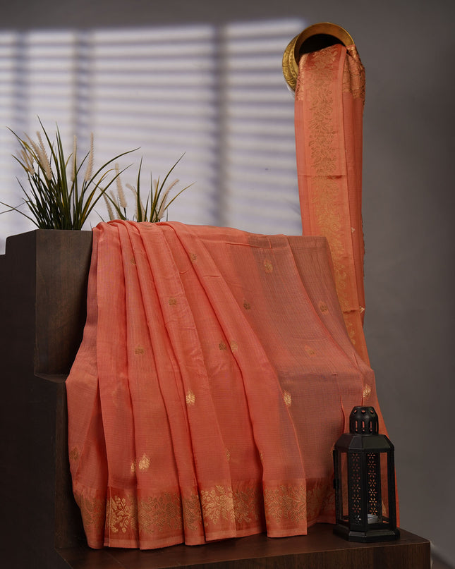 Silk Kota Allover Golden Zari Buttis - Peach