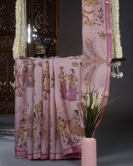 Muslin Silk With Kalamkari Print and zari Border - L Pink