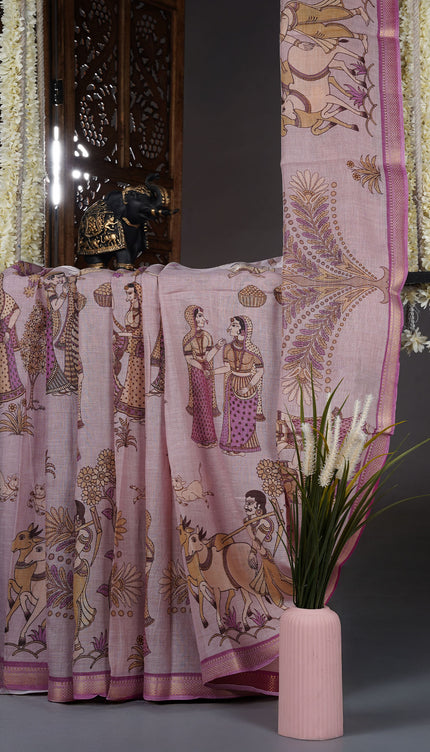 Muslin Silk With Kalamkari Print and zari Border - L Pink
