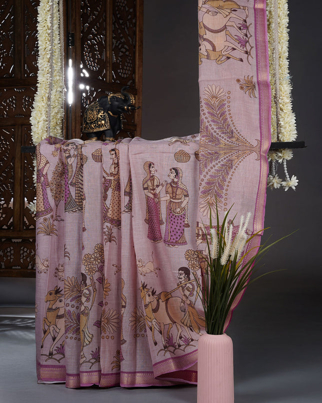 Muslin Silk With Kalamkari Print and zari Border - L Pink