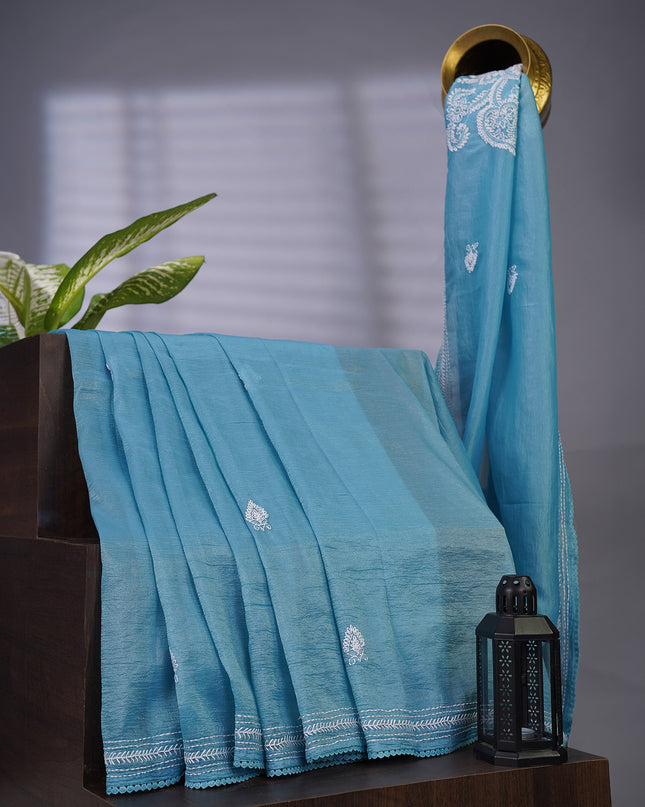 Crush Organza With Kantha Work & Lace Border  - Blue