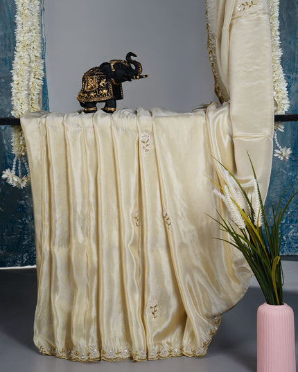 Tissue crepe saree with Embroidery butties and scallop border - Beige