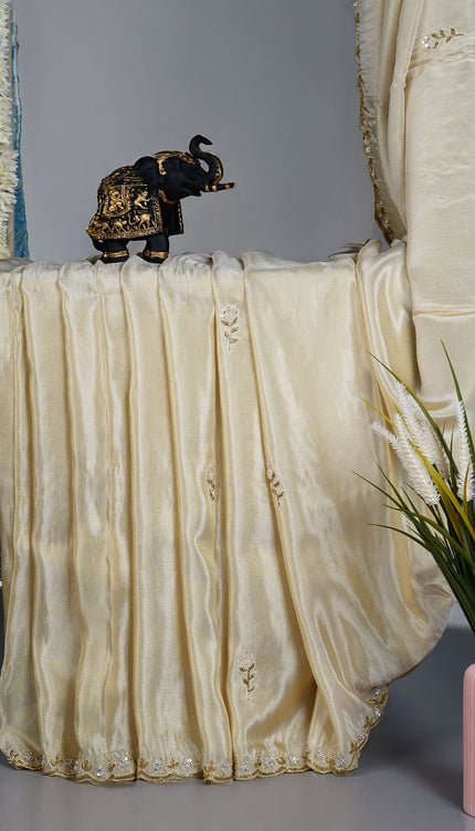 Tissue crepe saree with Embroidery butties and scallop border - Beige